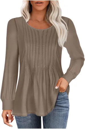 Long Sleeve Shirts for Women Crew Neck Pleated Tunic Blouses Daily Comfy Casual Basic Tees Fall Trendy Tops