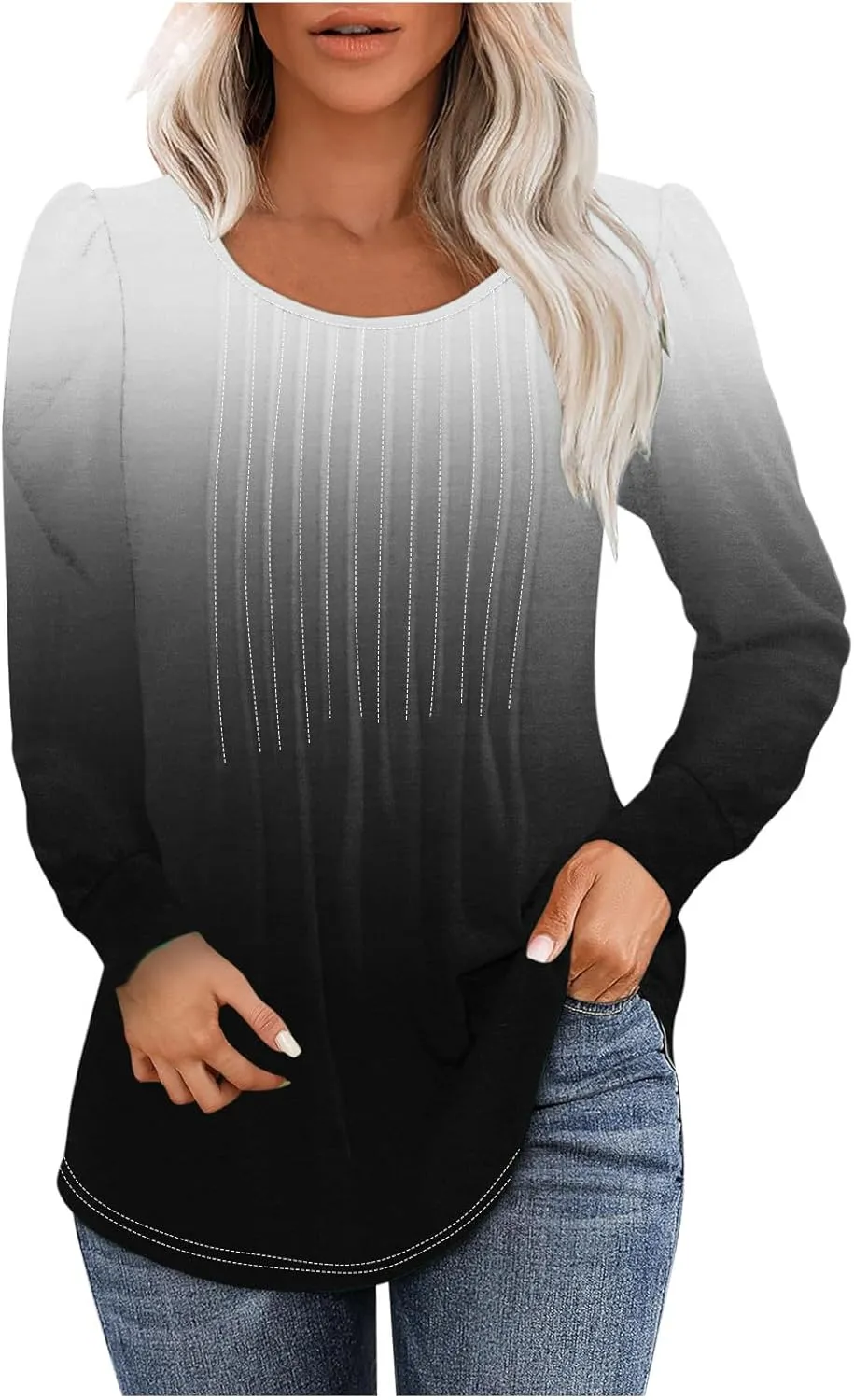 Long Sleeve Shirts for Women Crew Neck Pleated Tunic Blouses Daily Comfy Casual Basic Tees Fall Trendy Tops