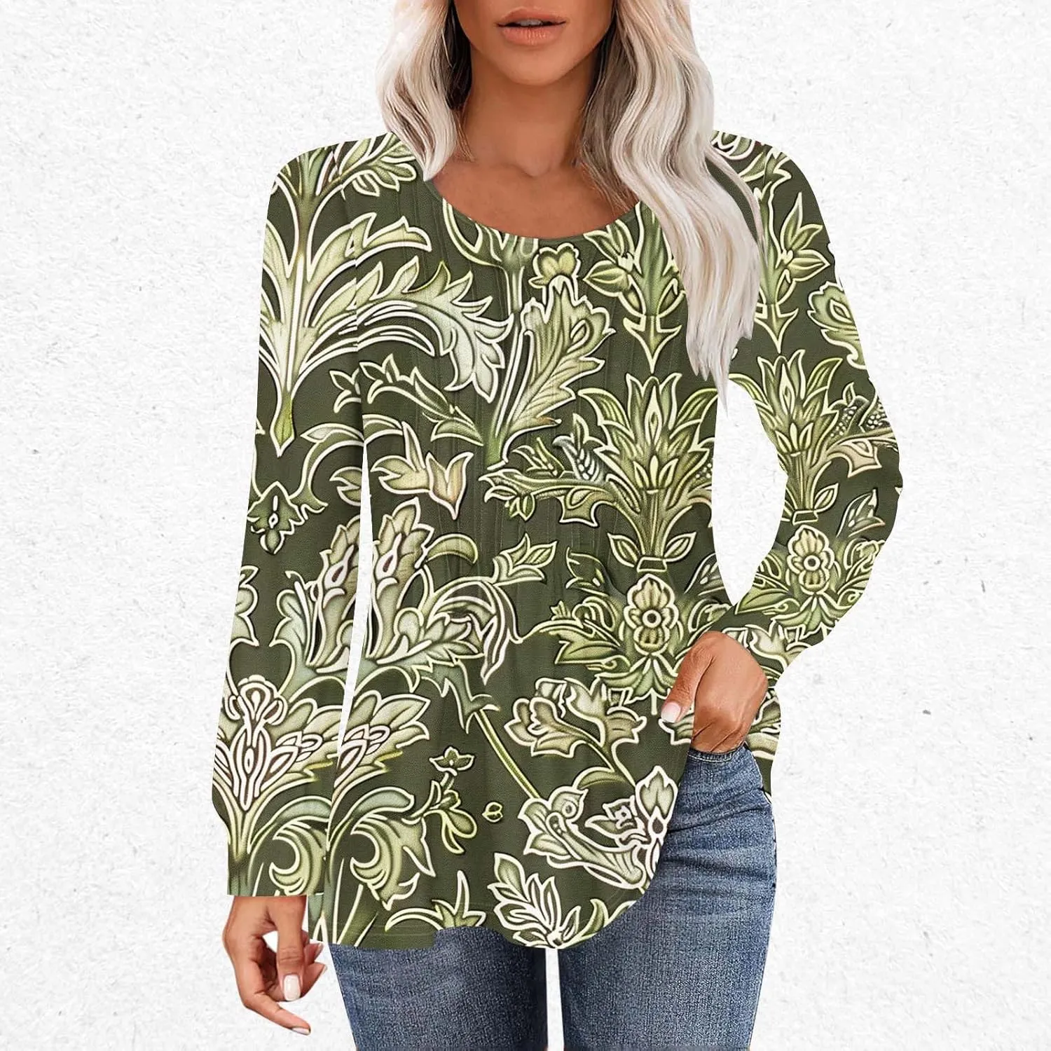 Long Sleeve Shirts for Women Crew Neck Pleated Tunic Blouses Daily Comfy Casual Basic Tees Fall Trendy Tops