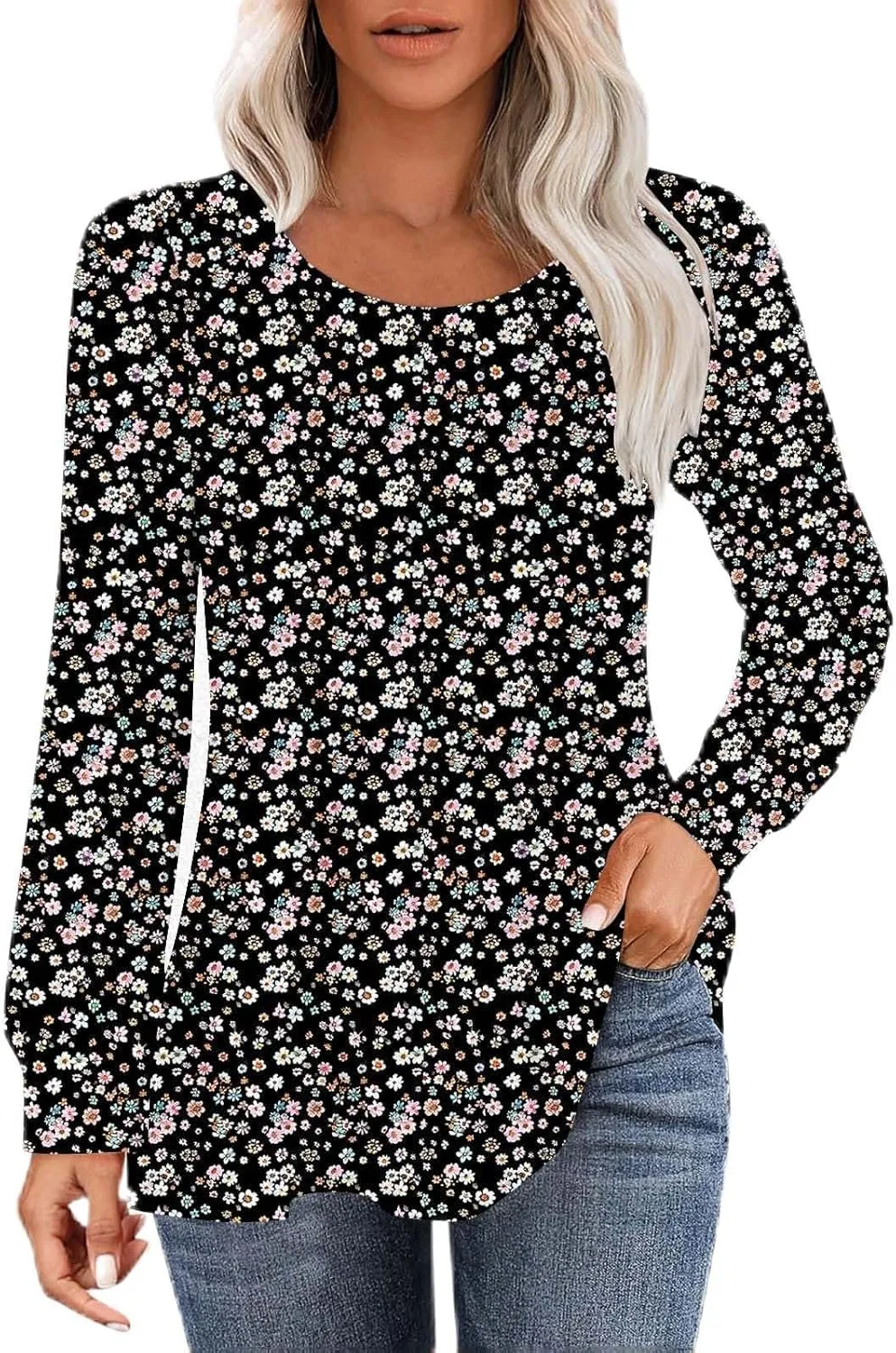 Long Sleeve Shirts for Women Crew Neck Pleated Tunic Blouses Daily Comfy Casual Basic Tees Fall Trendy Tops
