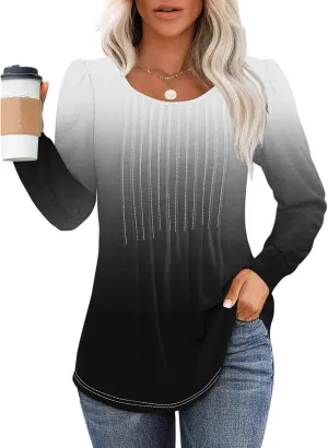 Long Sleeve Shirts for Women Crew Neck Pleated Tunic Blouses Daily Comfy Casual Basic Tees Fall Trendy Tops