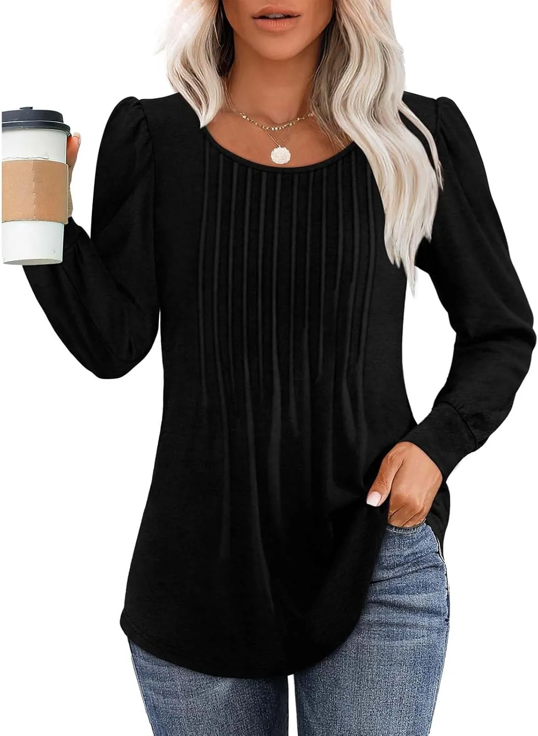 Long Sleeve Shirts for Women Crew Neck Pleated Tunic Blouses Daily Comfy Casual Basic Tees Fall Trendy Tops