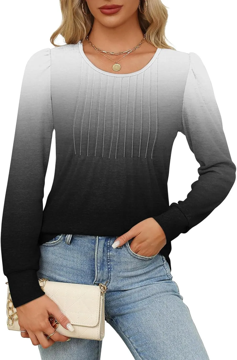Long Sleeve Shirts for Women Crew Neck Pleated Tunic Blouses Daily Comfy Casual Basic Tees Fall Trendy Tops