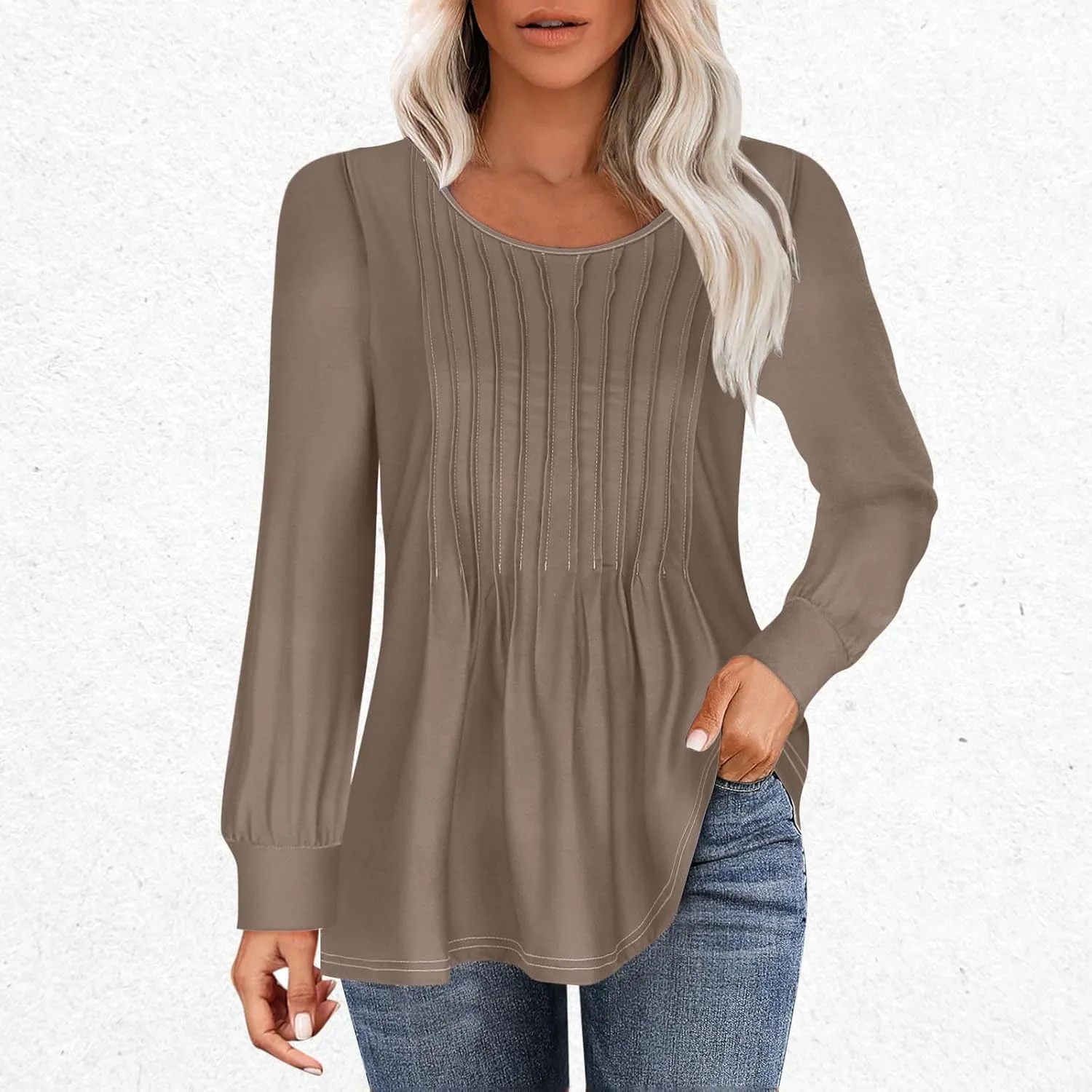 Long Sleeve Shirts for Women Crew Neck Pleated Tunic Blouses Daily Comfy Casual Basic Tees Fall Trendy Tops