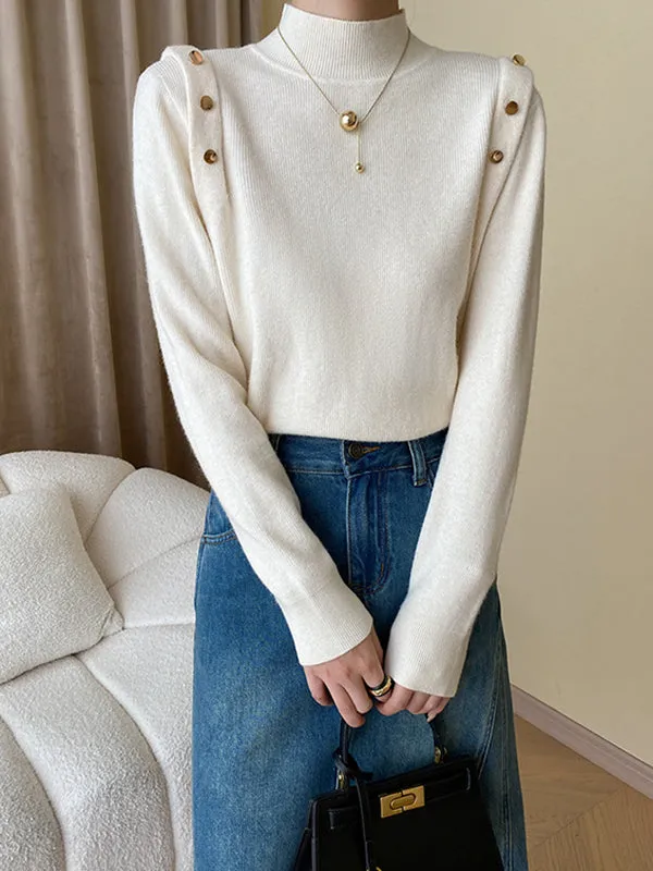 Long Sleeves Buttoned Split-Joint High-Neck Sweater Tops