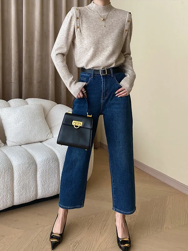 Long Sleeves Buttoned Split-Joint High-Neck Sweater Tops
