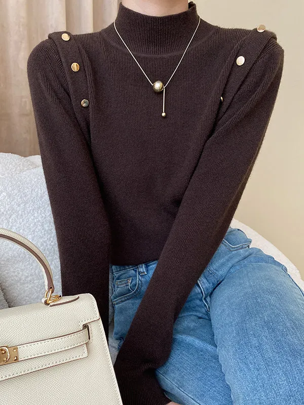 Long Sleeves Buttoned Split-Joint High-Neck Sweater Tops