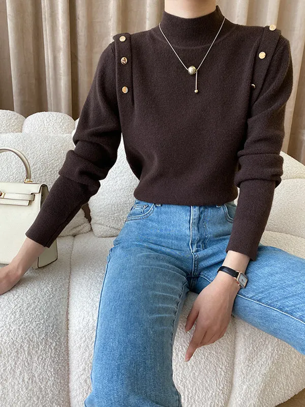 Long Sleeves Buttoned Split-Joint High-Neck Sweater Tops