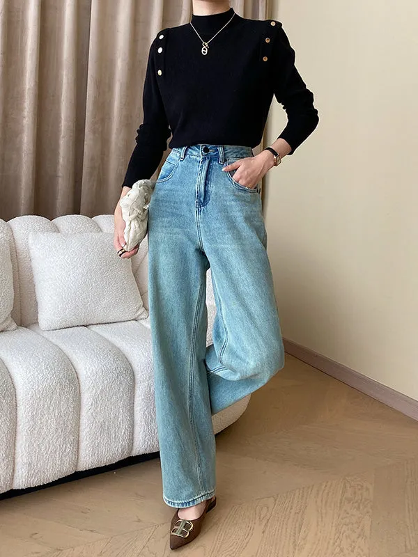 Long Sleeves Buttoned Split-Joint High-Neck Sweater Tops