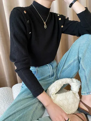 Long Sleeves Buttoned Split-Joint High-Neck Sweater Tops