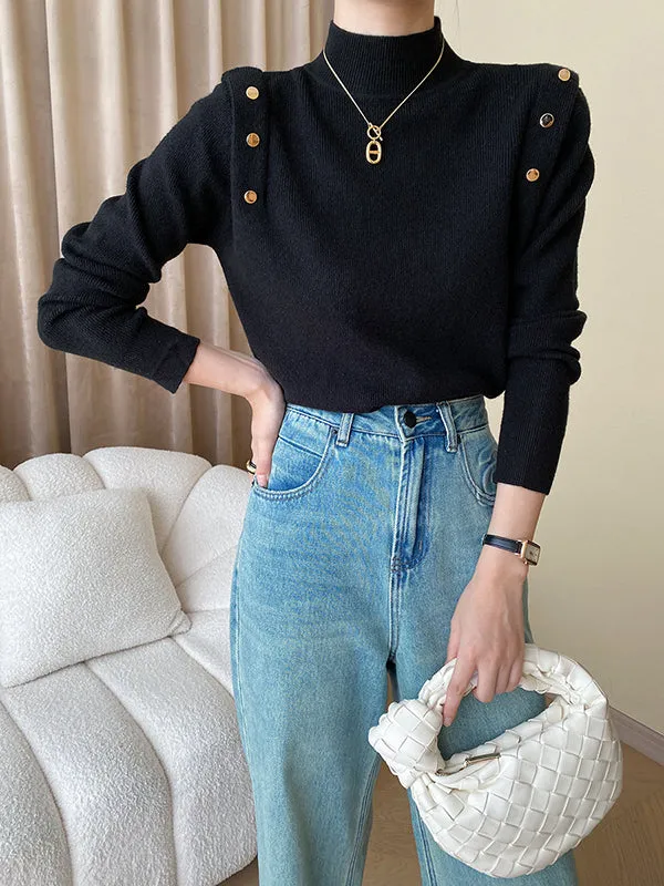 Long Sleeves Buttoned Split-Joint High-Neck Sweater Tops