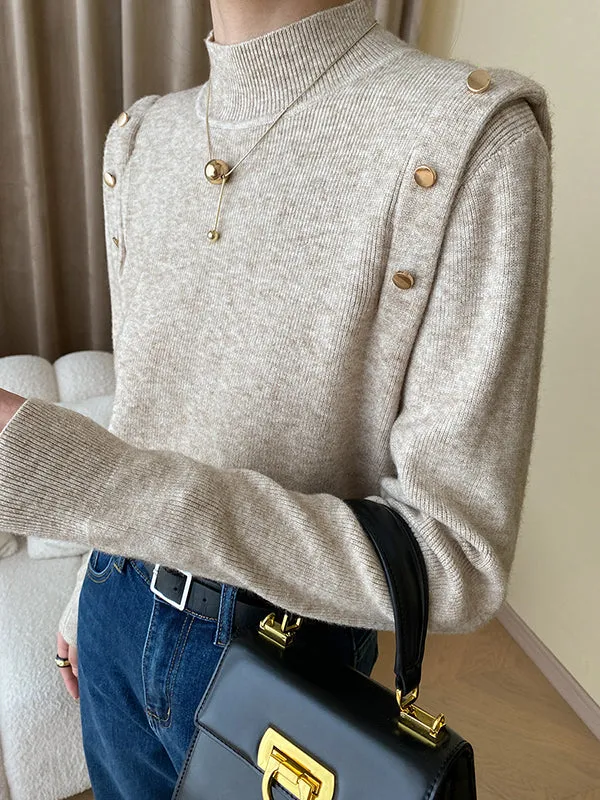 Long Sleeves Buttoned Split-Joint High-Neck Sweater Tops