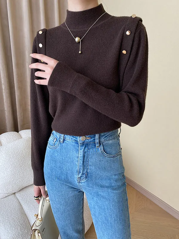Long Sleeves Buttoned Split-Joint High-Neck Sweater Tops
