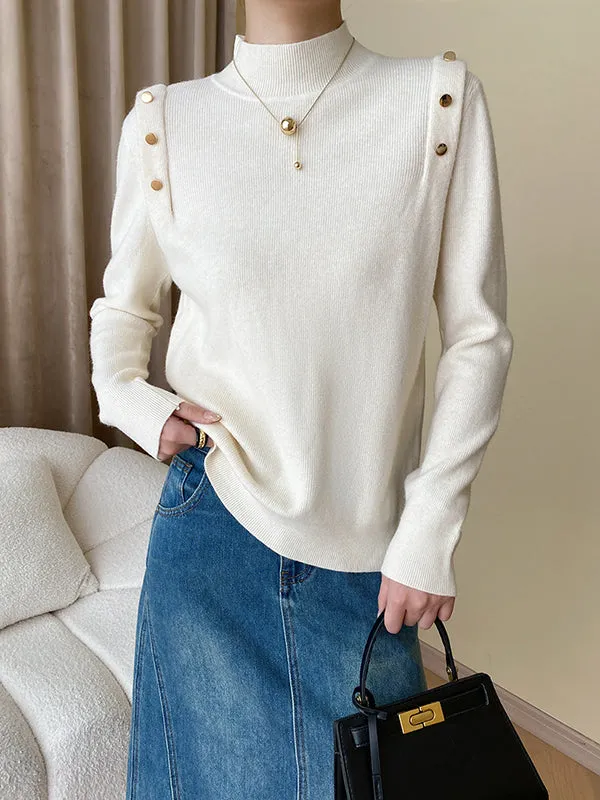 Long Sleeves Buttoned Split-Joint High-Neck Sweater Tops