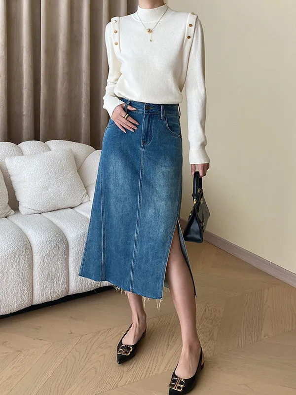 Long Sleeves Buttoned Split-Joint High-Neck Sweater Tops