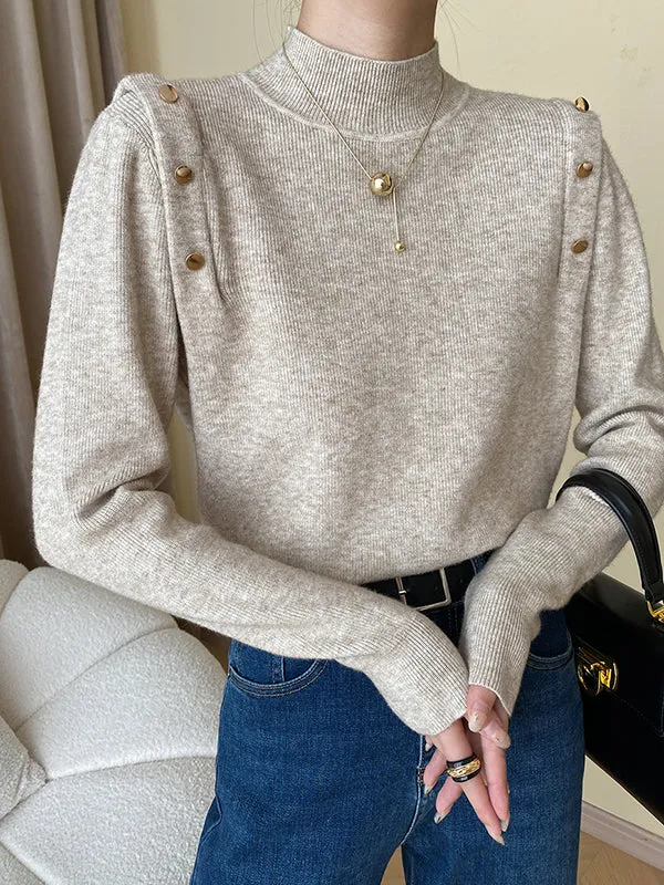 Long Sleeves Buttoned Split-Joint High-Neck Sweater Tops