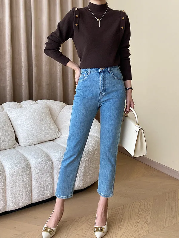 Long Sleeves Buttoned Split-Joint High-Neck Sweater Tops