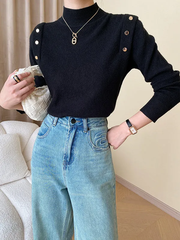 Long Sleeves Buttoned Split-Joint High-Neck Sweater Tops