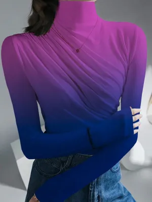 Long Sleeves Skinny Gradient Pleated High Neck T-Shirts Tops