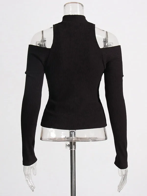 Long Sleeves Skinny Hollow Split-Joint Zipper High-Neck Pullovers Sweater Tops