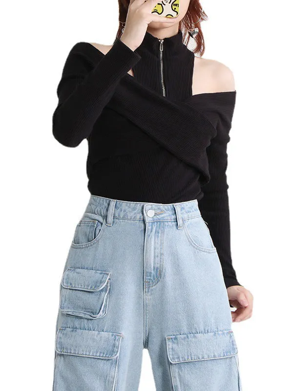 Long Sleeves Skinny Hollow Split-Joint Zipper High-Neck Pullovers Sweater Tops