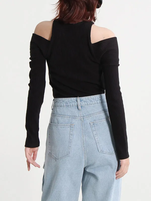 Long Sleeves Skinny Hollow Split-Joint Zipper High-Neck Pullovers Sweater Tops