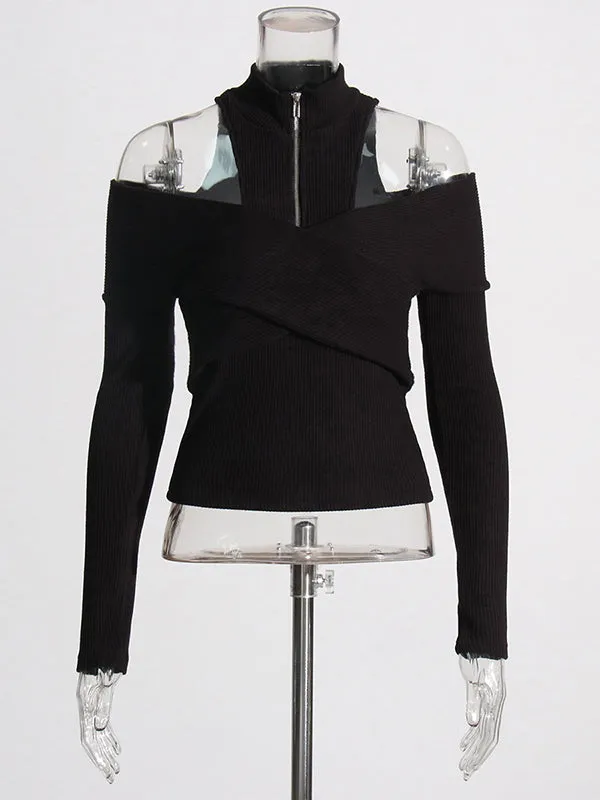 Long Sleeves Skinny Hollow Split-Joint Zipper High-Neck Pullovers Sweater Tops