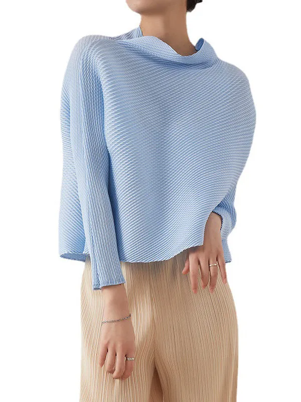 Loose Long Sleeves Pleated Solid Color High-Neck T-Shirts Tops