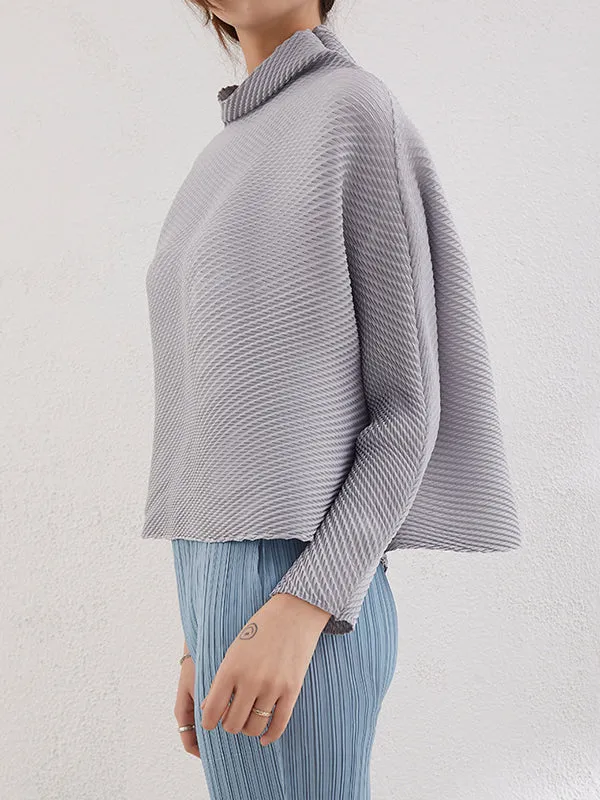 Loose Long Sleeves Pleated Solid Color High-Neck T-Shirts Tops