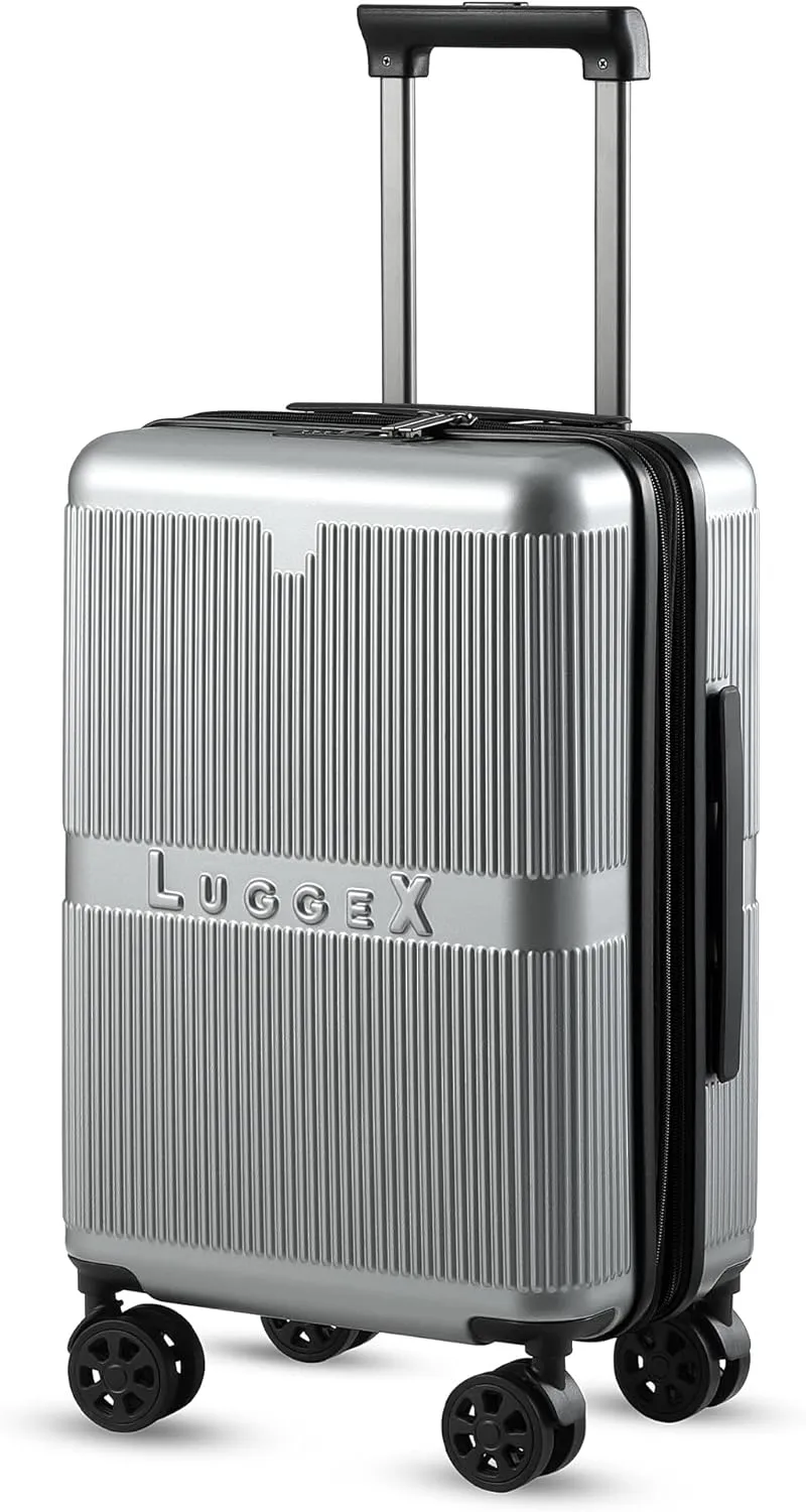 LUGGEX Carry On Luggage 22x14x9 Airline Approved with Spinner Wheels - 100% PC Hard Shell Expandable Luggage - Effortless Travel with Bigger Wheels (Silver Suitcase)