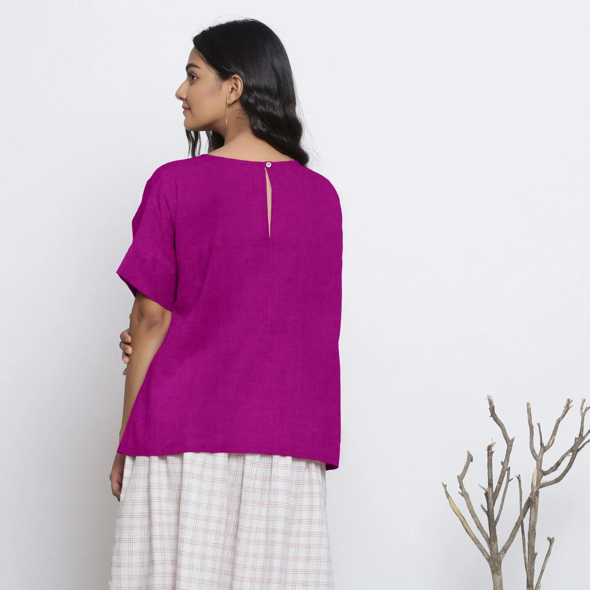 Magenta Round Neck Linen Loose Gathered Yoke Top
