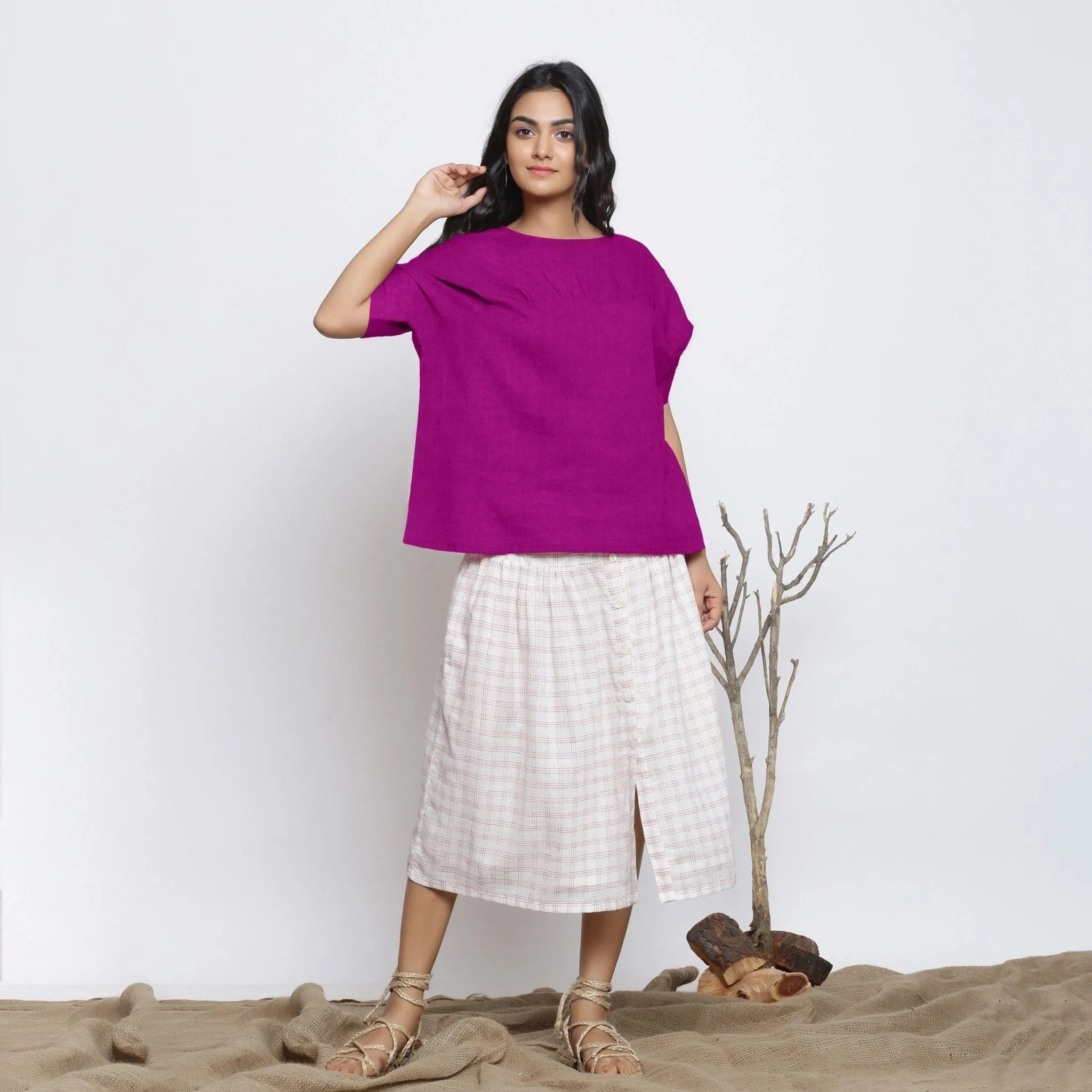 Magenta Round Neck Linen Loose Gathered Yoke Top