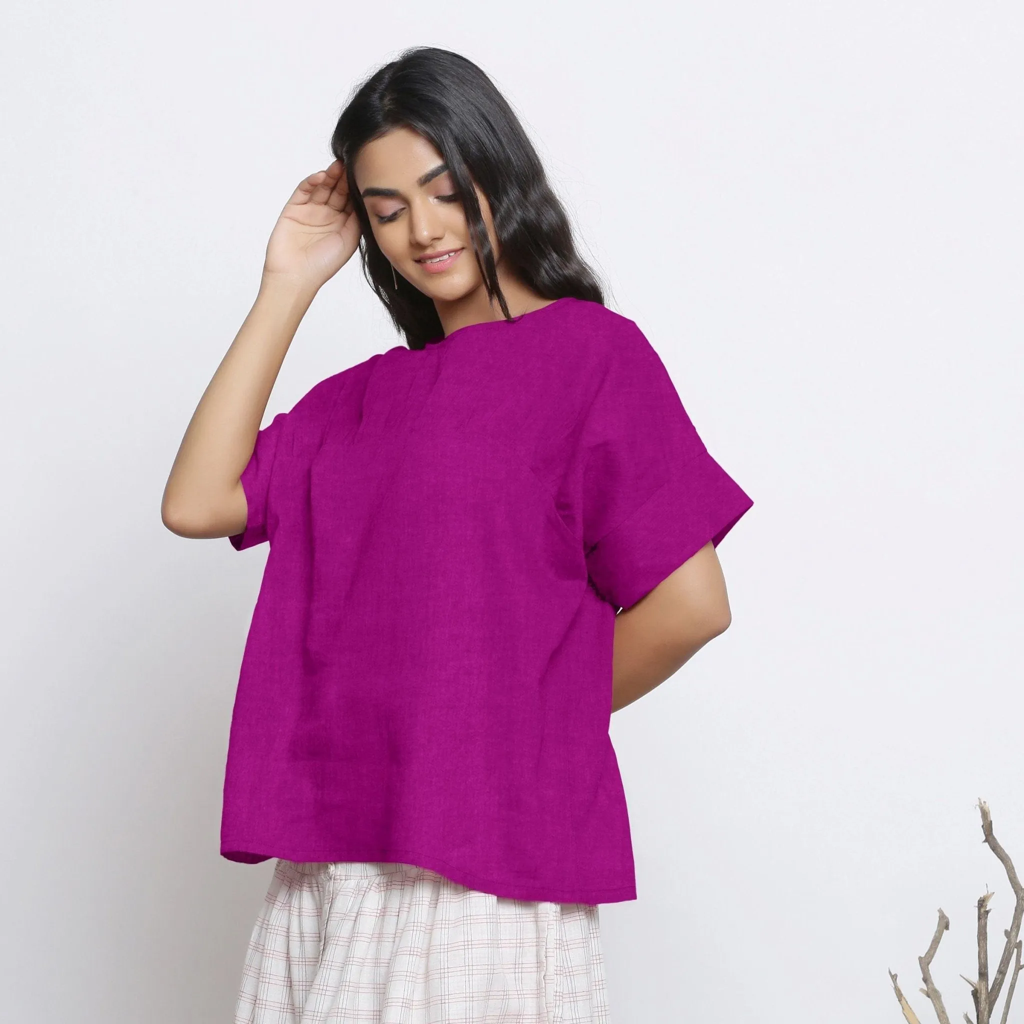 Magenta Round Neck Linen Loose Gathered Yoke Top
