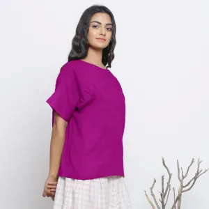 Magenta Round Neck Linen Loose Gathered Yoke Top