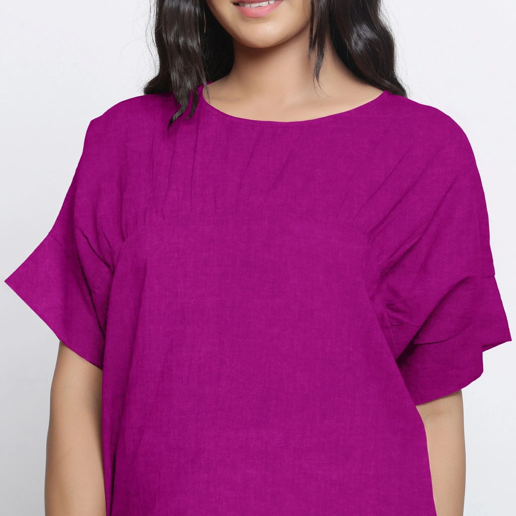 Magenta Round Neck Linen Loose Gathered Yoke Top