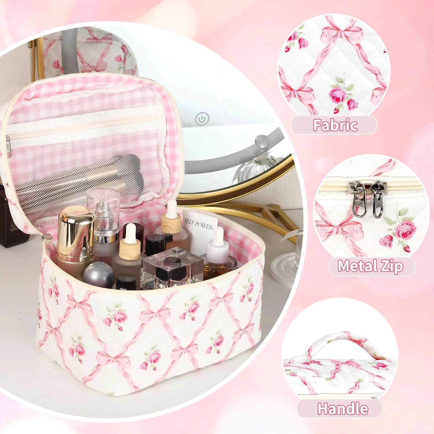 Makeup Bag for Women, Wide-open Easy to Take, Convenient to Carry, Toiletry Cosmetic Skincare, Quilted Travel Pouch Case, Purse Organizer Large