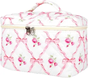 Makeup Bag for Women, Wide-open Easy to Take, Convenient to Carry, Toiletry Cosmetic Skincare, Quilted Travel Pouch Case, Purse Organizer Large