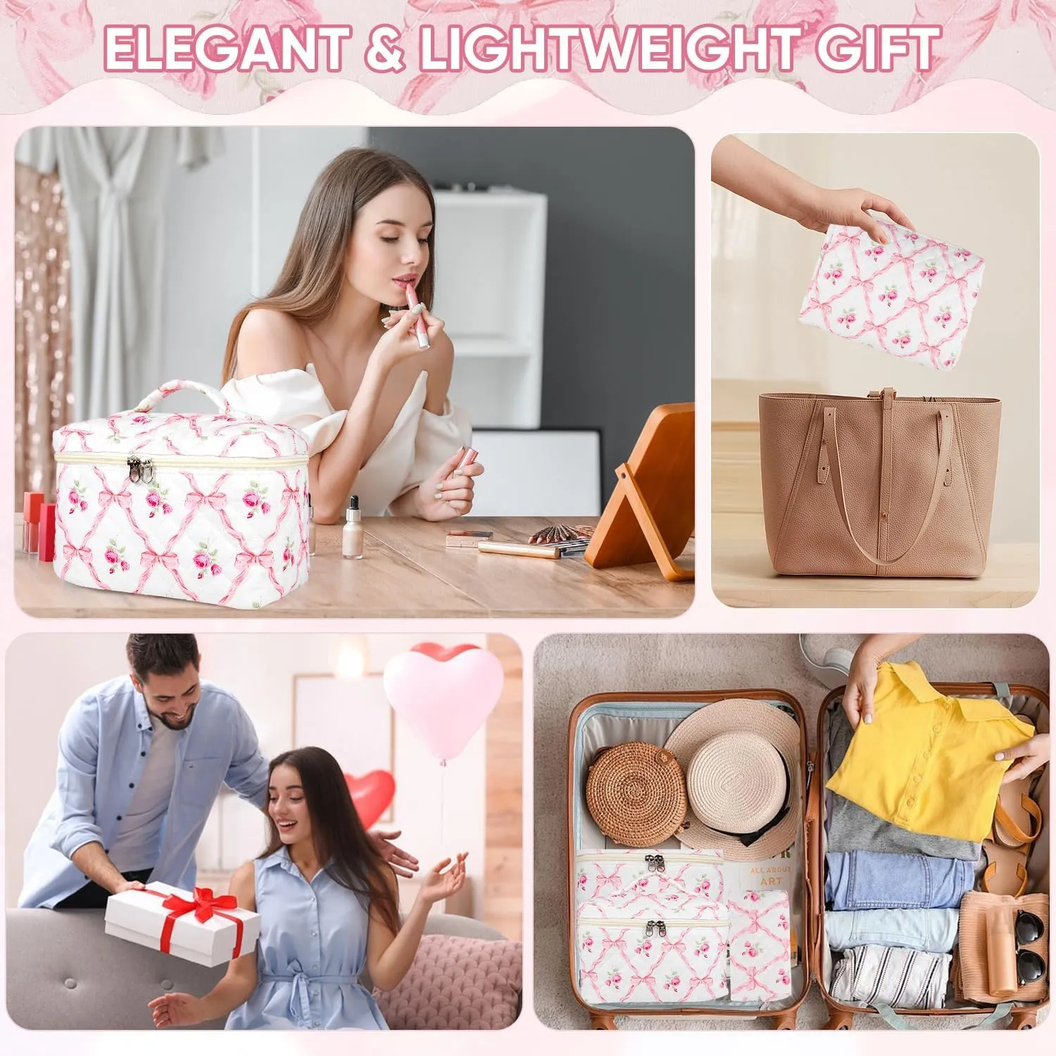 Makeup Bag for Women, Wide-open Easy to Take, Convenient to Carry, Toiletry Cosmetic Skincare, Quilted Travel Pouch Case, Purse Organizer Large