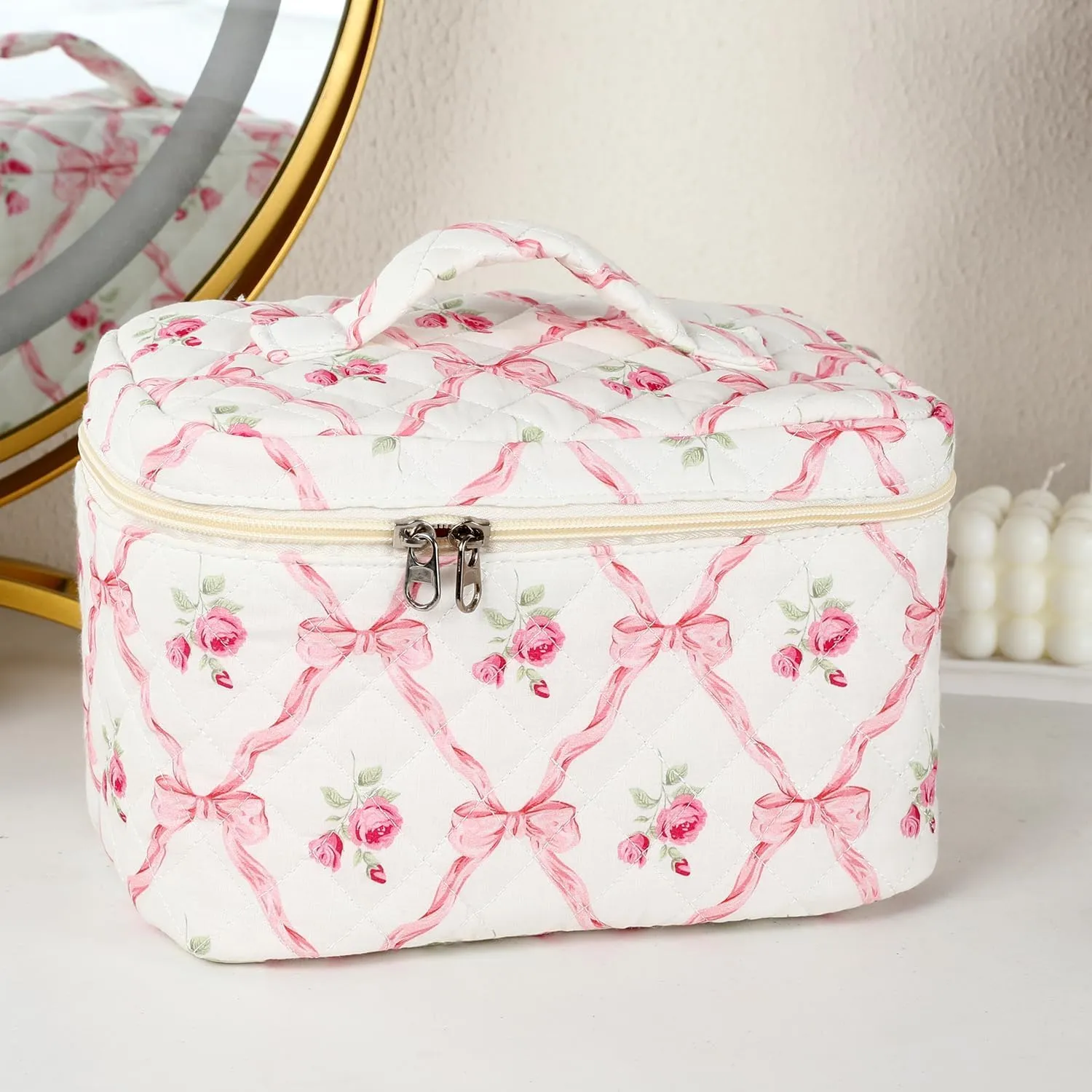 Makeup Bag for Women, Wide-open Easy to Take, Convenient to Carry, Toiletry Cosmetic Skincare, Quilted Travel Pouch Case, Purse Organizer Large