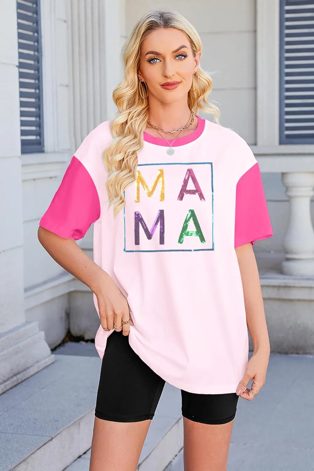 Mama Shirts for Women Color Block Mama Letters Print T Shirt Casual Mothers Gift Top Short SleeveTops