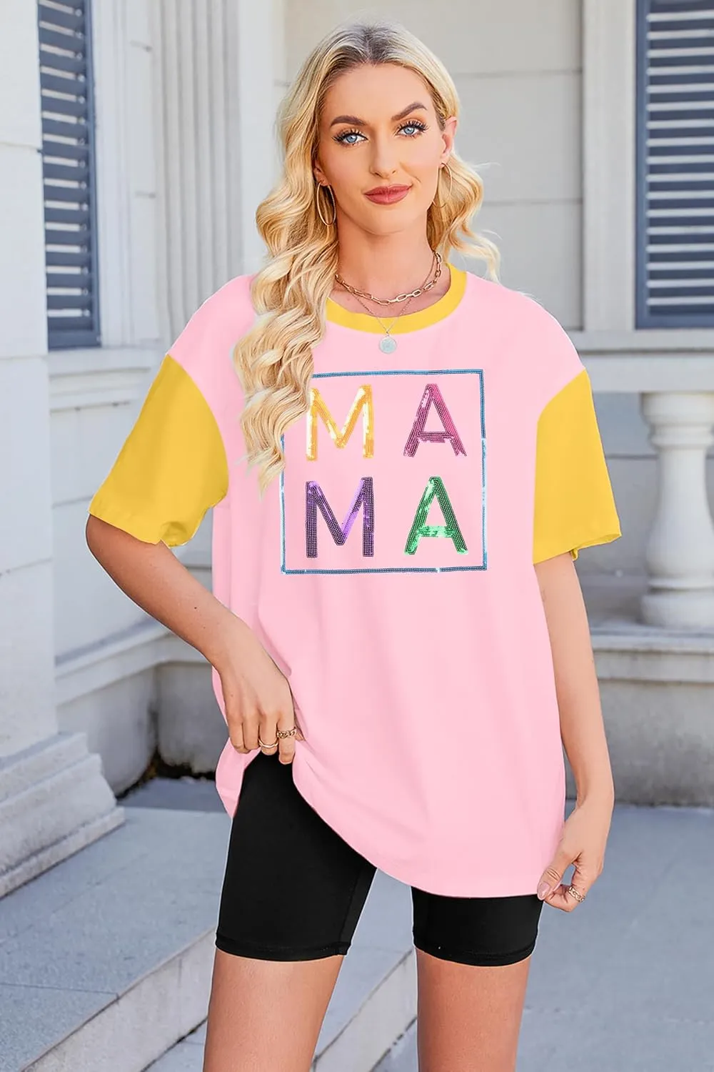 Mama Shirts for Women Color Block Mama Letters Print T Shirt Casual Mothers Gift Top Short SleeveTops