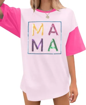 Mama Shirts for Women Color Block Mama Letters Print T Shirt Casual Mothers Gift Top Short SleeveTops