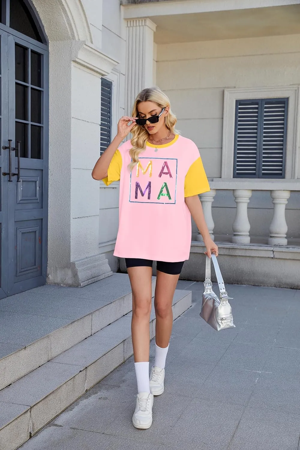 Mama Shirts for Women Color Block Mama Letters Print T Shirt Casual Mothers Gift Top Short SleeveTops