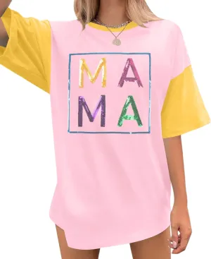 Mama Shirts for Women Color Block Mama Letters Print T Shirt Casual Mothers Gift Top Short SleeveTops
