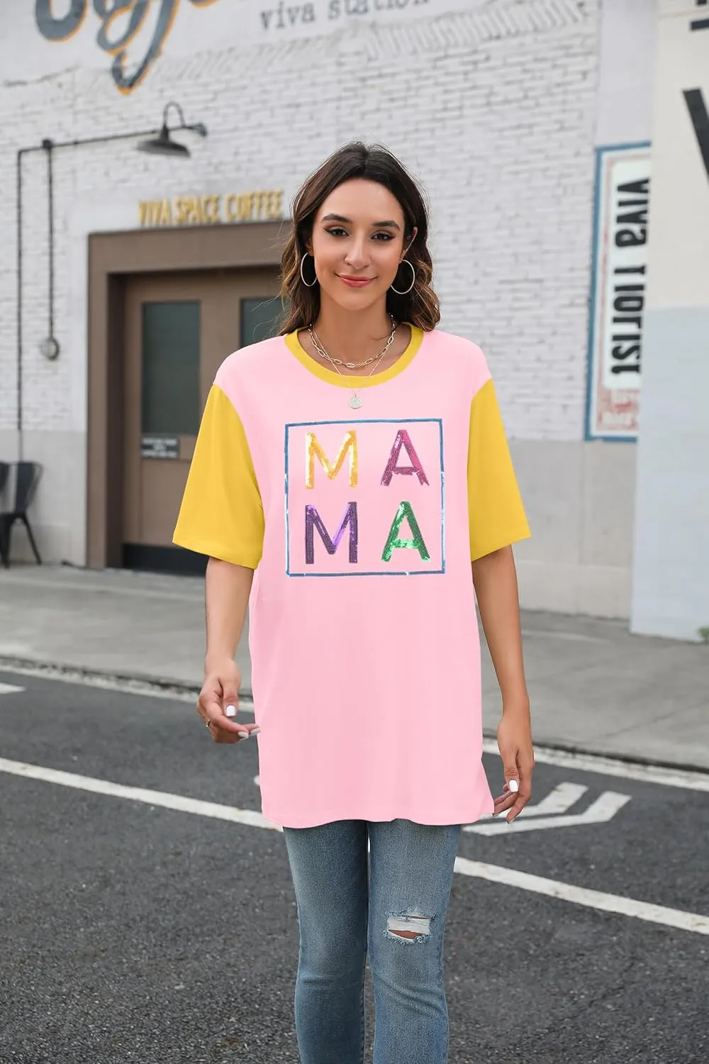 Mama Shirts for Women Color Block Mama Letters Print T Shirt Casual Mothers Gift Top Short SleeveTops