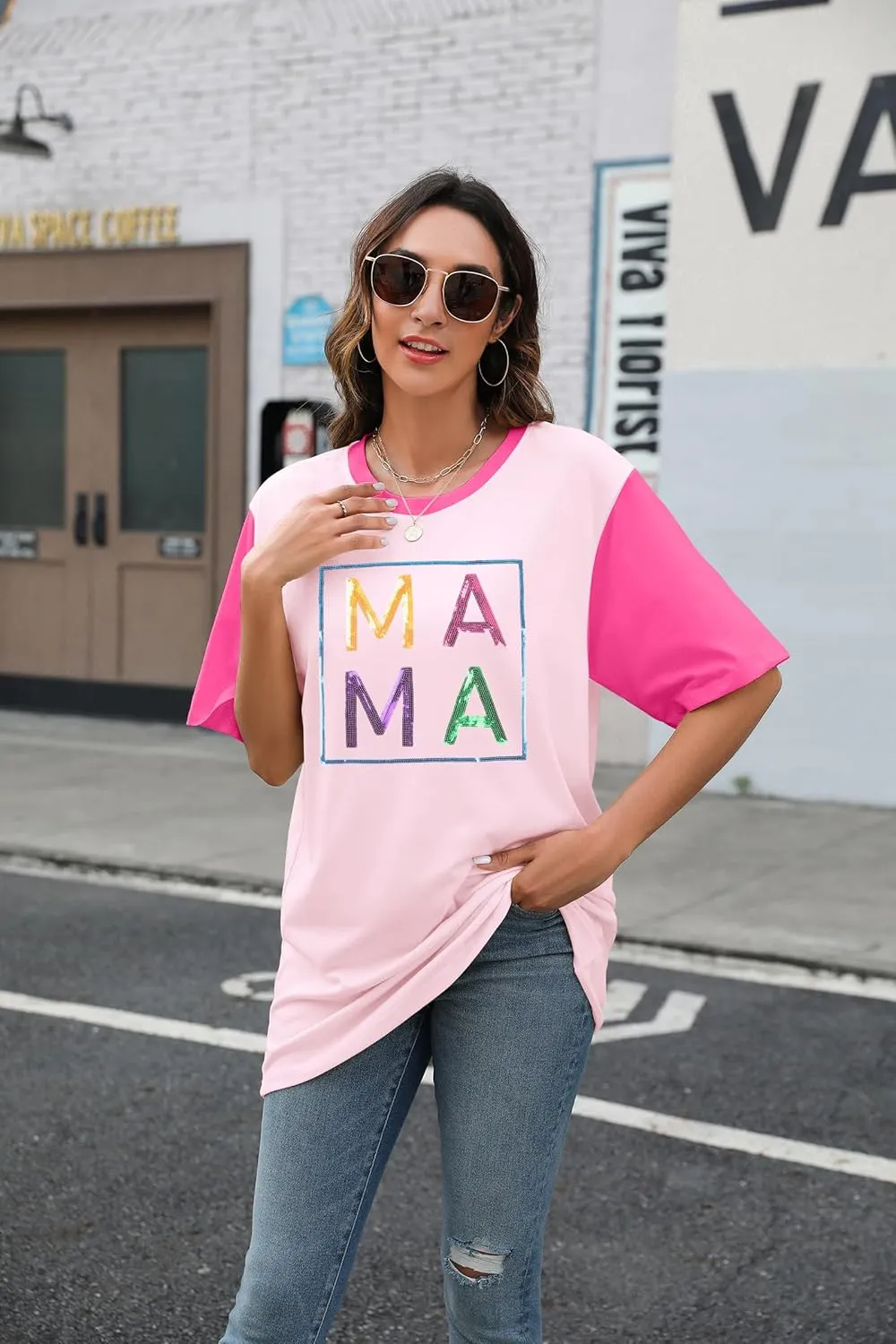 Mama Shirts for Women Color Block Mama Letters Print T Shirt Casual Mothers Gift Top Short SleeveTops