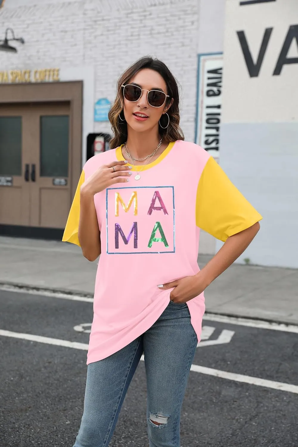 Mama Shirts for Women Color Block Mama Letters Print T Shirt Casual Mothers Gift Top Short SleeveTops