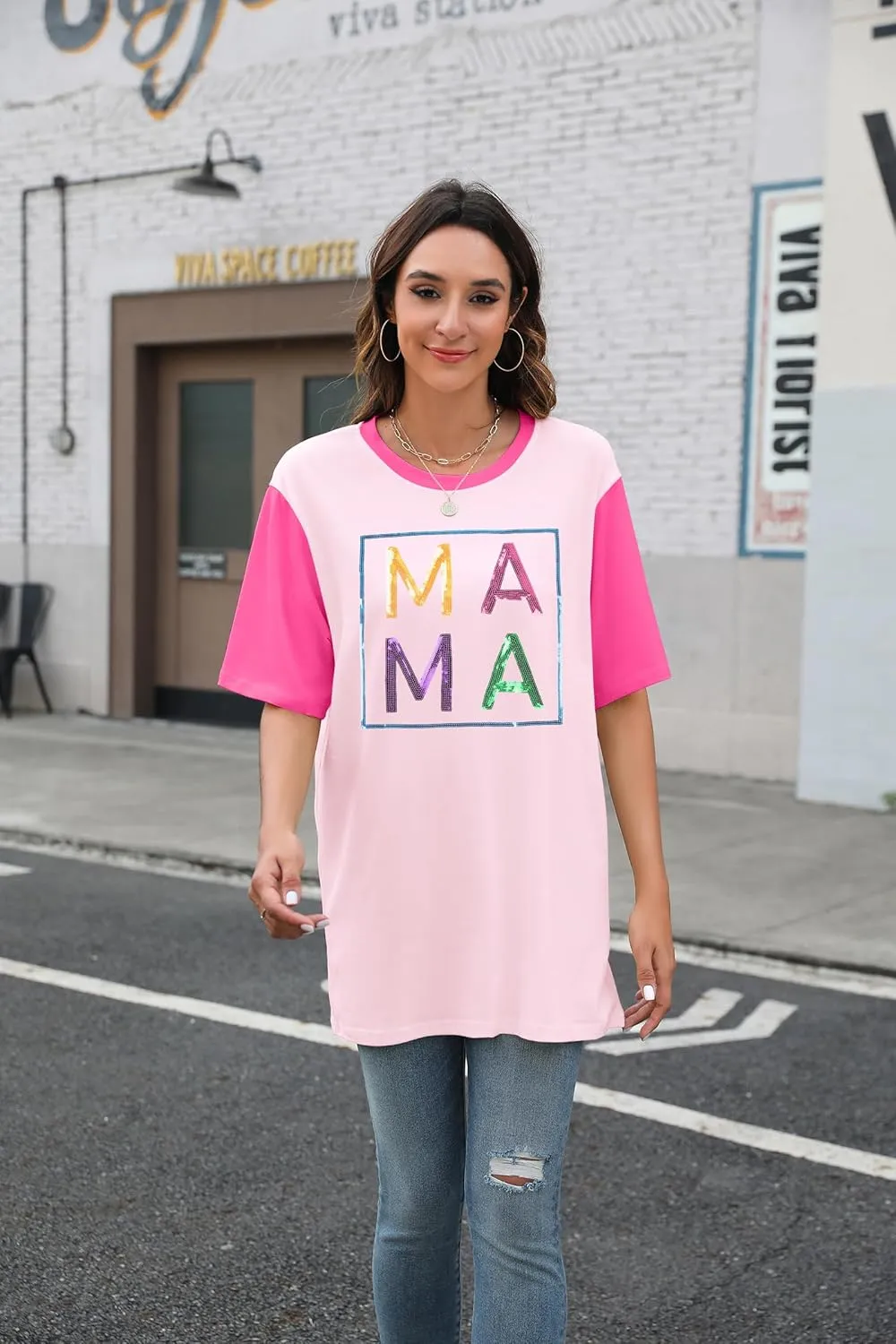 Mama Shirts for Women Color Block Mama Letters Print T Shirt Casual Mothers Gift Top Short SleeveTops