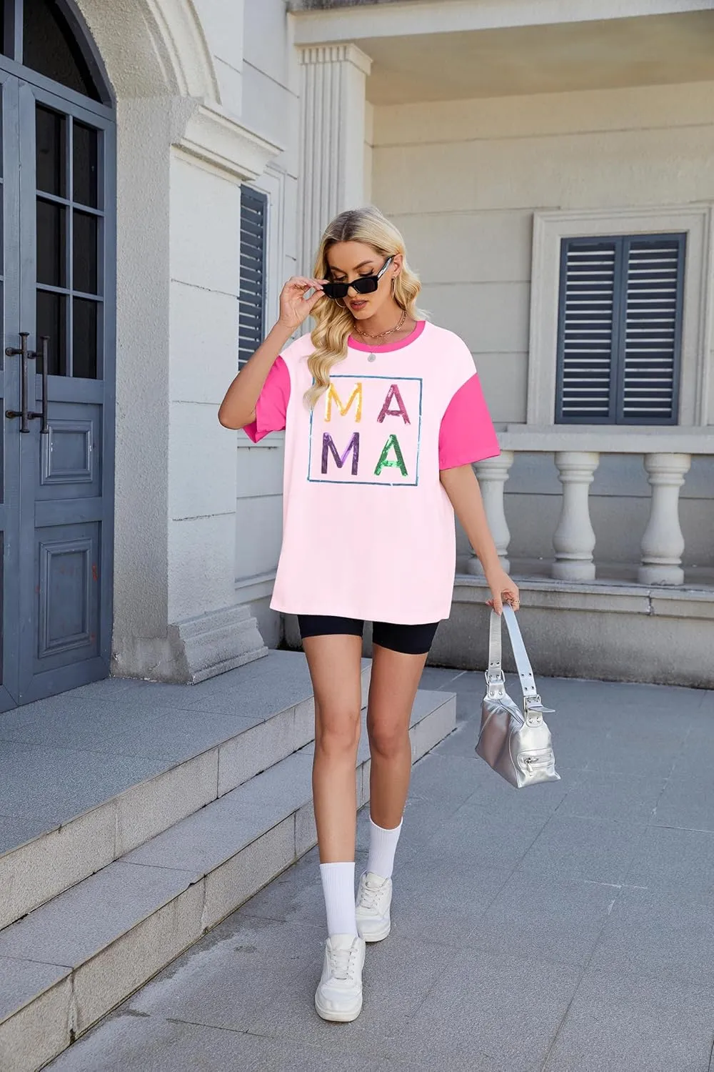 Mama Shirts for Women Color Block Mama Letters Print T Shirt Casual Mothers Gift Top Short SleeveTops