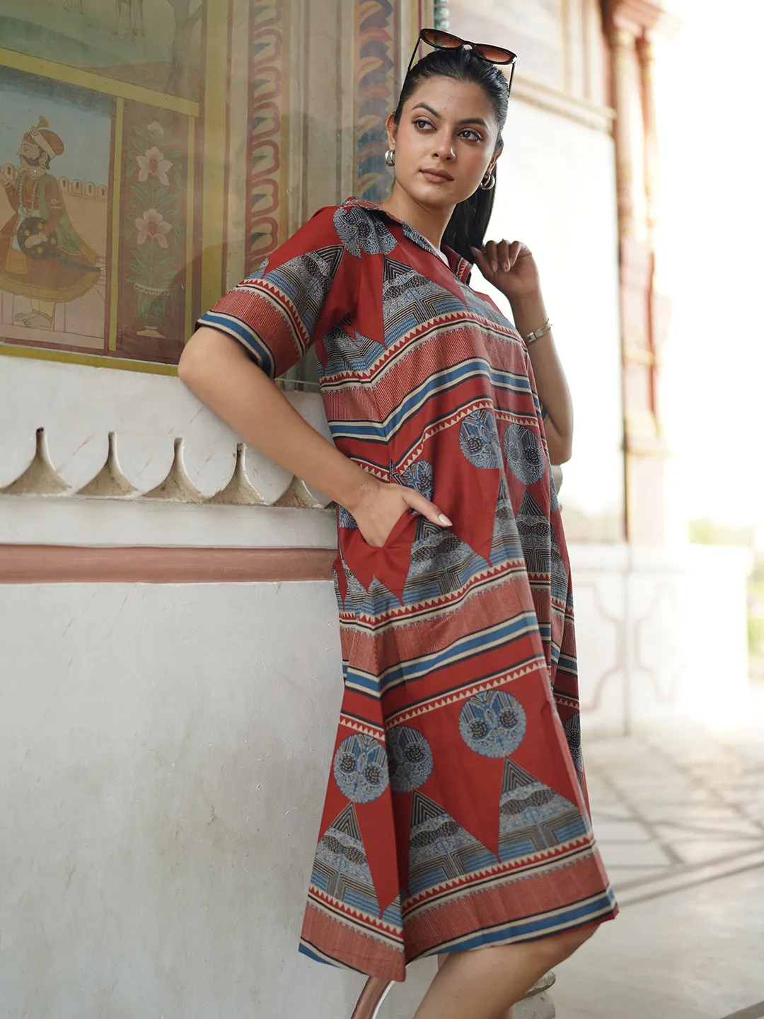 Maroon Printed Short Cotton Dress